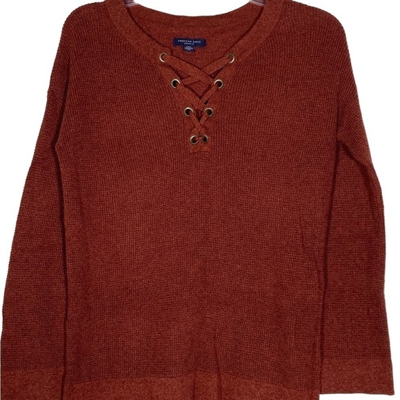 American Eagle size small jegging fit crimson rust color cross tie knit sweater - Picture 3 of 7